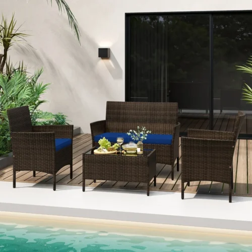 4 PCS Patio Rattan Conversation Set Outdoor Wicker Furniture Set w/ Chair