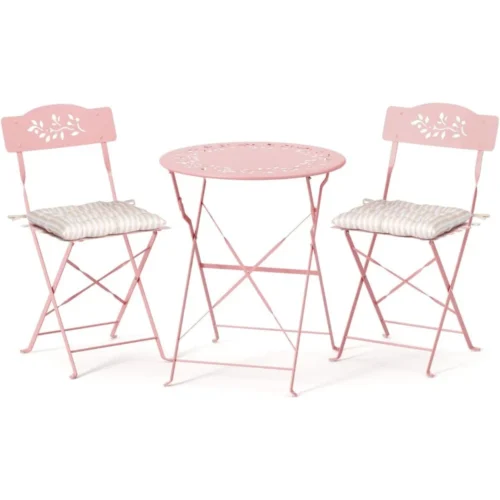 Outdoor Folding Bistro Table and Chairs Set of 2, 3-Piece Bistro Set with Olive Leaf Cutout Design and Comfortable Cushions for