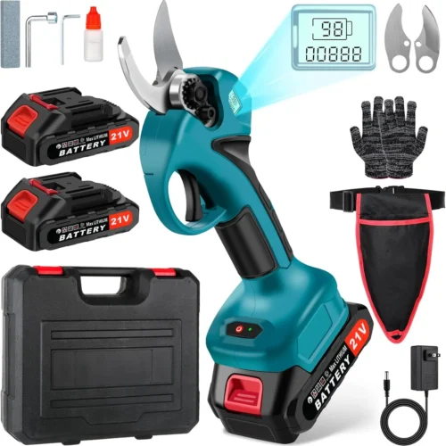 Cordless Electric Pruning Shears with LCD Display, 1.6 Inch Cutting Diameter, SK5 Blade, Rechargeable Battery Set