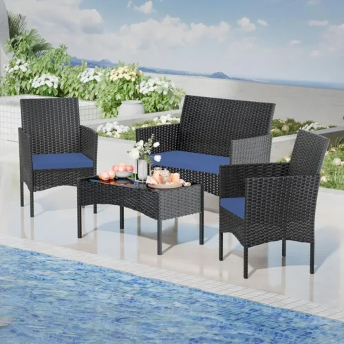 Dark Blue Outdoor Patio Conversation Set: 4-Piece Rattan Wicker Furniture with Sofa, Chairs & Glass Table for Garden, Poolside,
