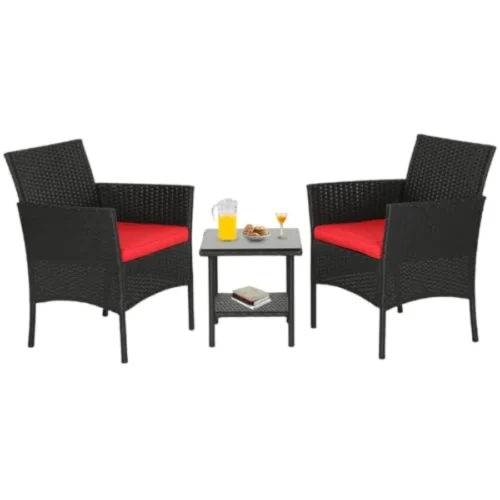 3-Piece Patio Furniture Set in Black Red with Coffee Table Modern Wicker Outdoor Seating Weather-Resistant Rattan Chairs for Po