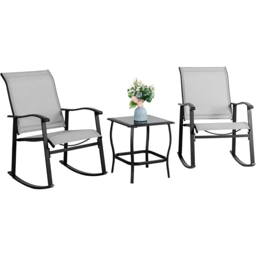 Light Gray 3-Piece Outdoor Rocking Bistro Set with Textilene Fabric for Small Patio, Porch, Lawn, Garden, and Poolside