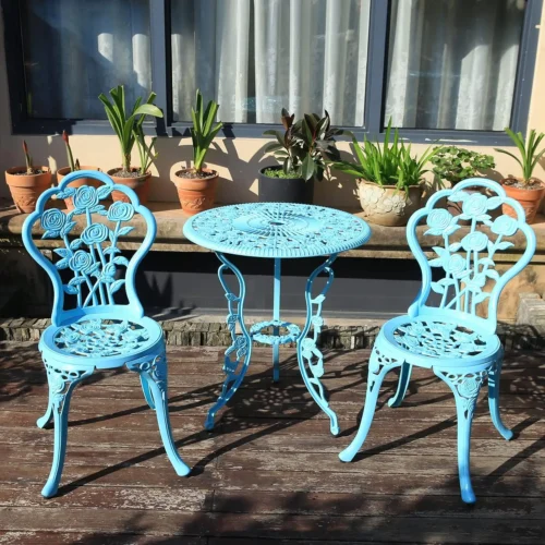 Outdoor Bistro Set with Rose Pattern, 1 Table & 2 Chairs for Garden Patio Porch in Light Blue