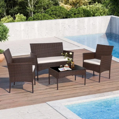 4-Piece Outdoor Patio Furniture Set, Wicker Rattan Chairs and Loveseat with Coffee Table for Porch, Yard & Poolside in Brown