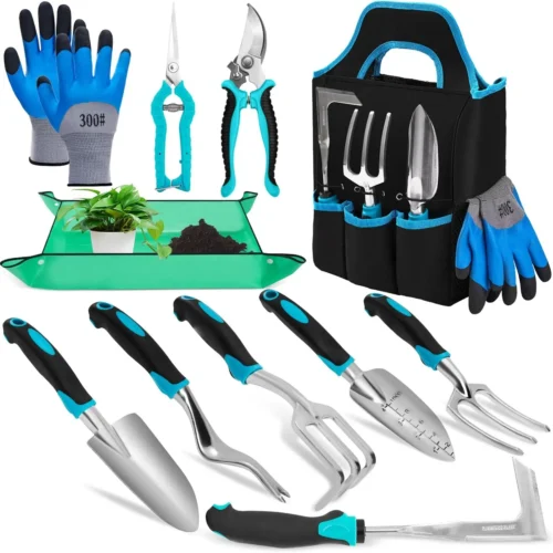 11-Piece Stainless Steel Garden Tool Set with Non-Slip Grip, Heavy Duty Outdoor Kit, Durable Tote Bag and Repotting Mat