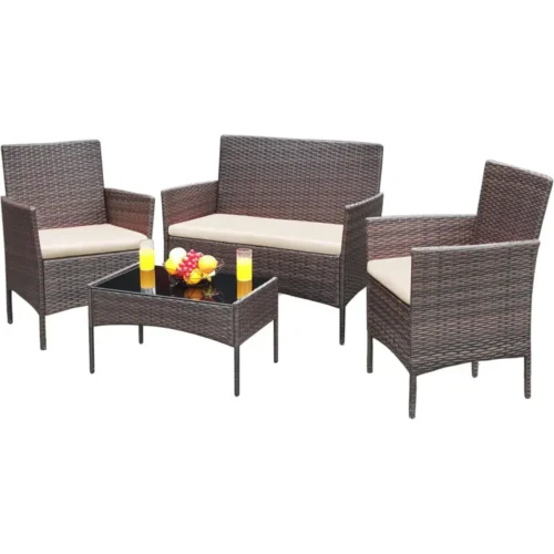 4-Piece Outdoor Wicker Patio Furniture Set with Cushions and Glass Table, Brown and Beige
