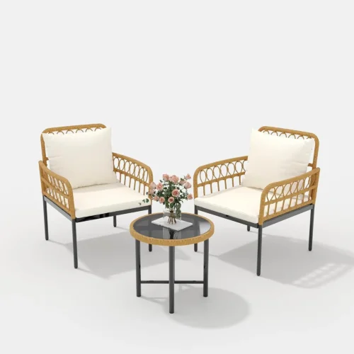 3-Piece All-Weather Wicker Rattan Bistro Patio Furniture Set with Glass Table and Thick Cushions, Beige - Ideal for, Customized