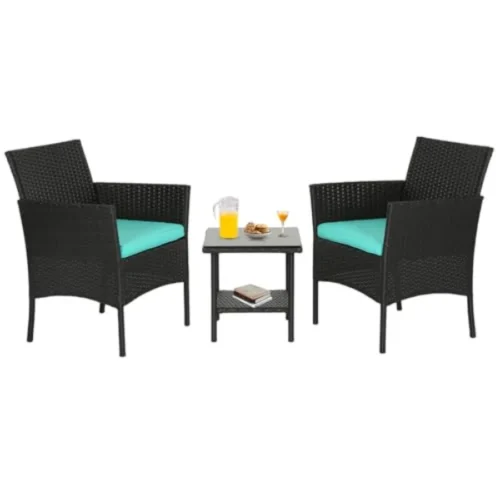 FDW 3 Piece Outdoor Furniture Set Patio Wicker Chairs Furniture Bistro Conversation Set 2 Rattan Chairs with Blue Cushions and