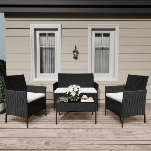 4-Piece Outdoor Wicker Patio Furniture Set with 2 Chairs, Loveseat, and Coffee Table for Balcony or Porch